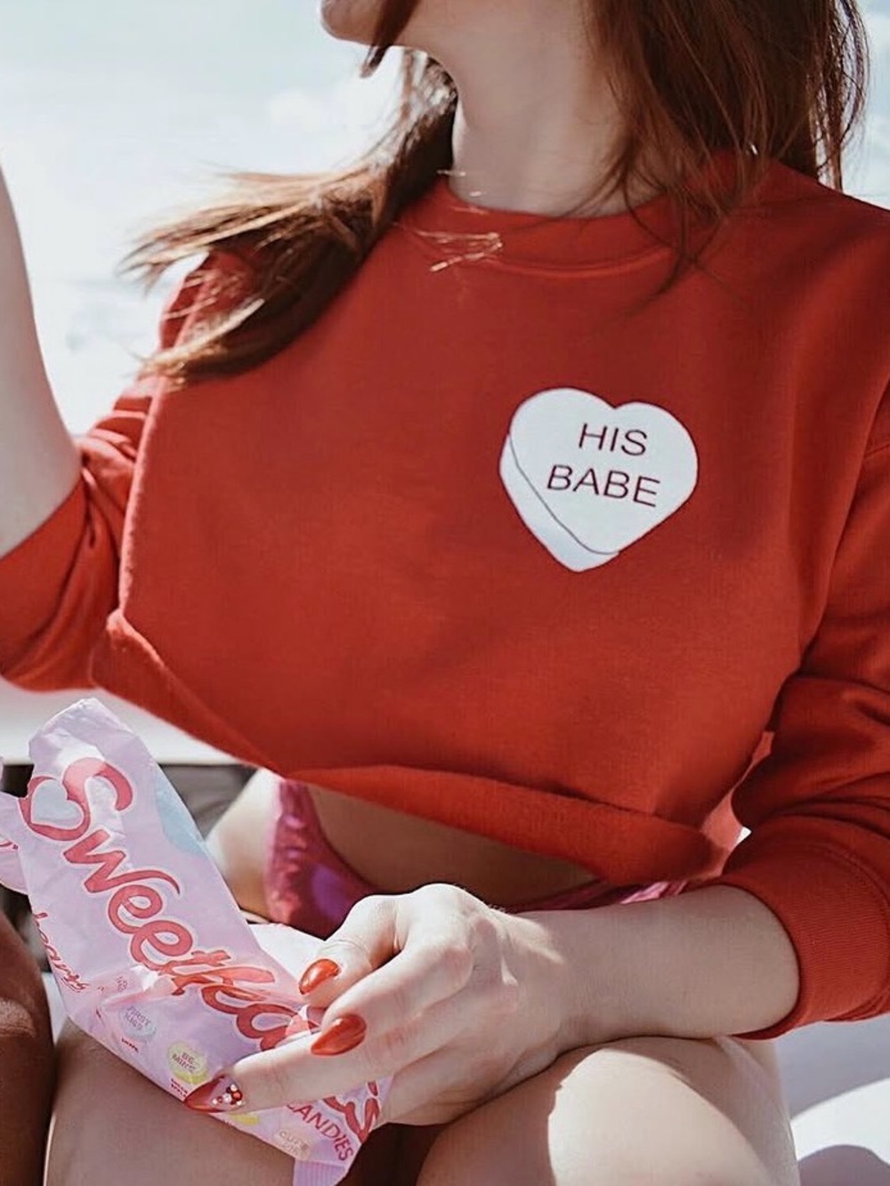 His Babe Red Cropped Crewneck Sweatshirt - Women's Casual Pullover